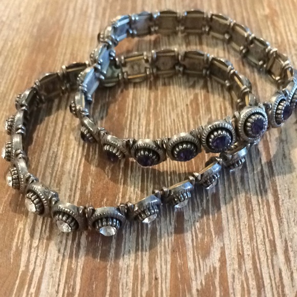 2 Bracelets crystal & purple stones stretch style - Picture 1 of 3
